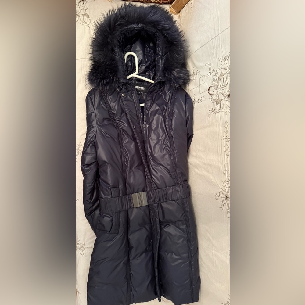 Navy Down Puffer Coat with Fur Hood and Belt - NWOT